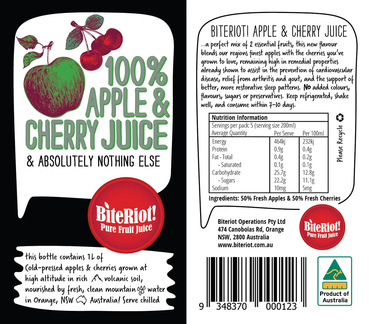 BiteRiot - 100% Apple & Cherry Juice 1L
