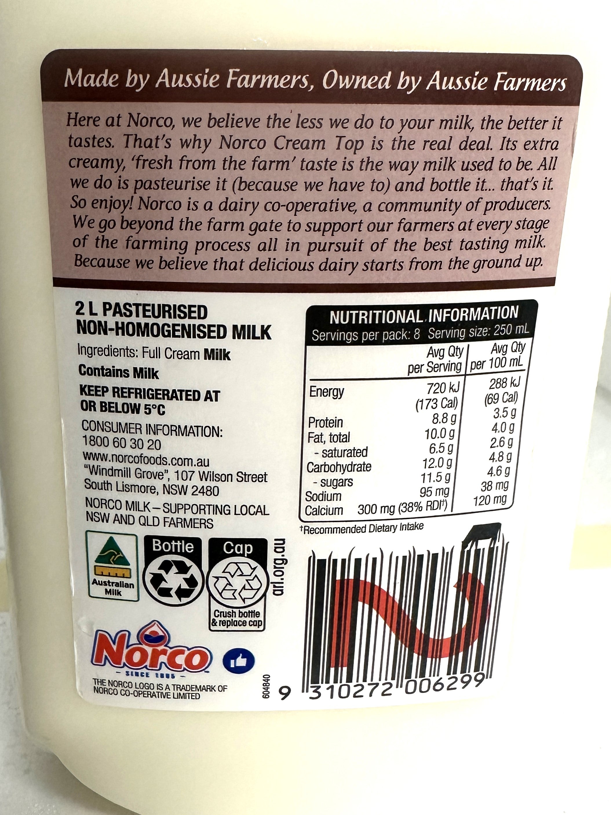 Norco Non-homogenised Full Cream Milk -2L