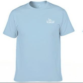 Light blue t-shirt with text on the front and back on a white background