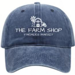 Blue cap with 'The Farm Shop Farmers Market' logo on a white background