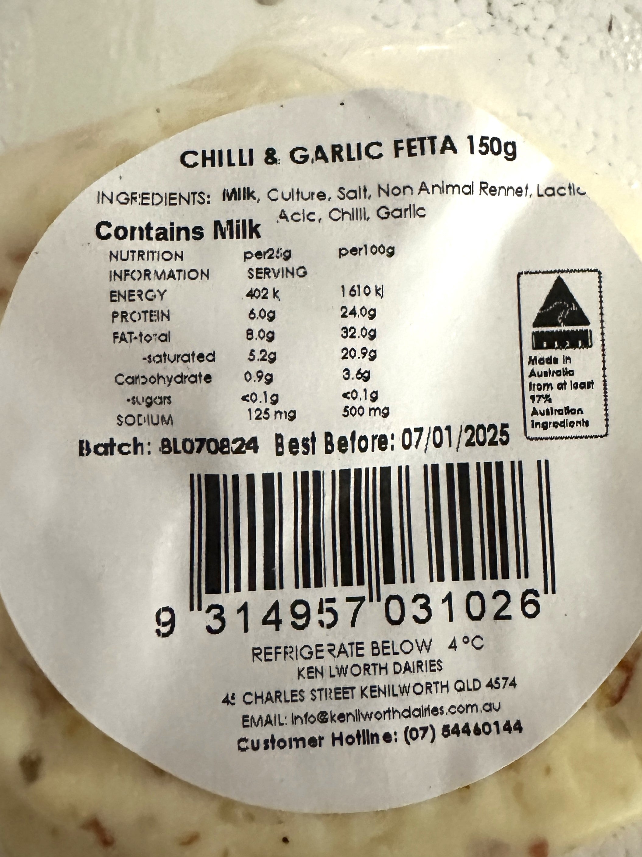 Kenilworth Dairies - Chilli and Garlic Fetta - 150g