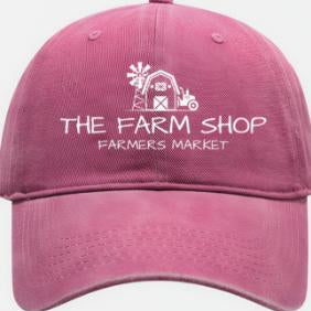 Pink cap with 'The Farm Shop Farmers Market' logo on a white background