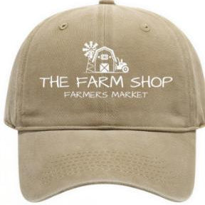 Beige cap with 'The Farm Shop Farmers Market' logo on a white background