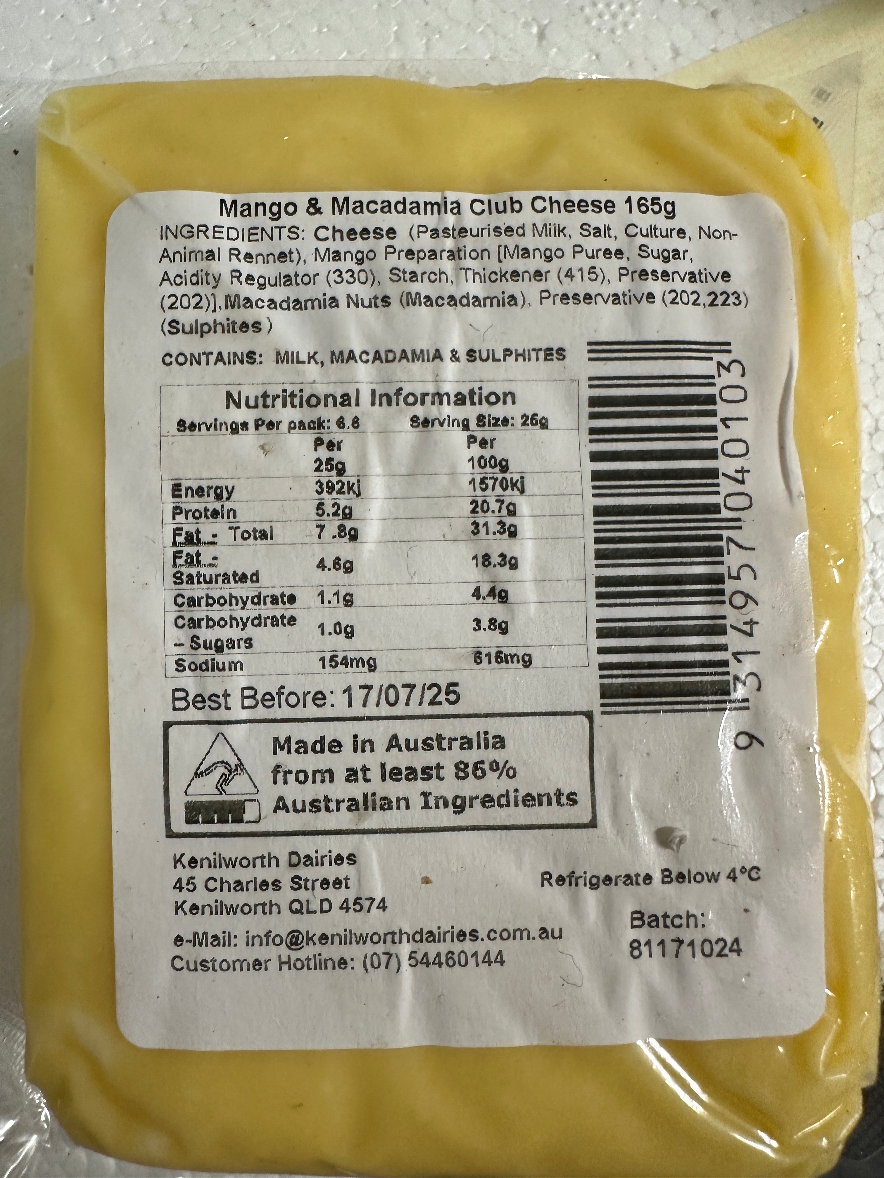 Kenilworth Dairies - Mango & Macadamia - Club Cheddars - 165g